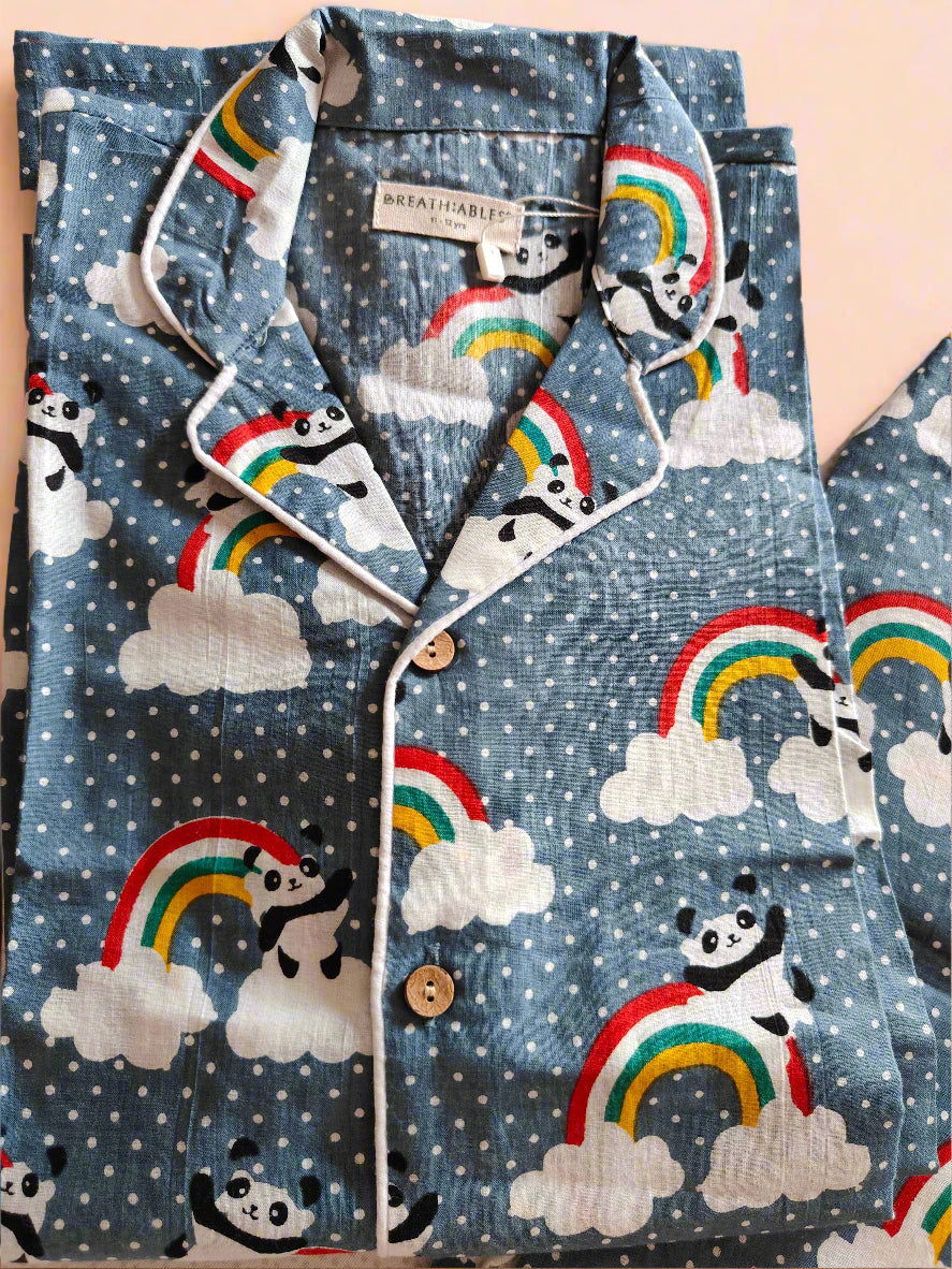 Rainbow Panda in Grey Cotton Print Nightsuit | SHOBITAM