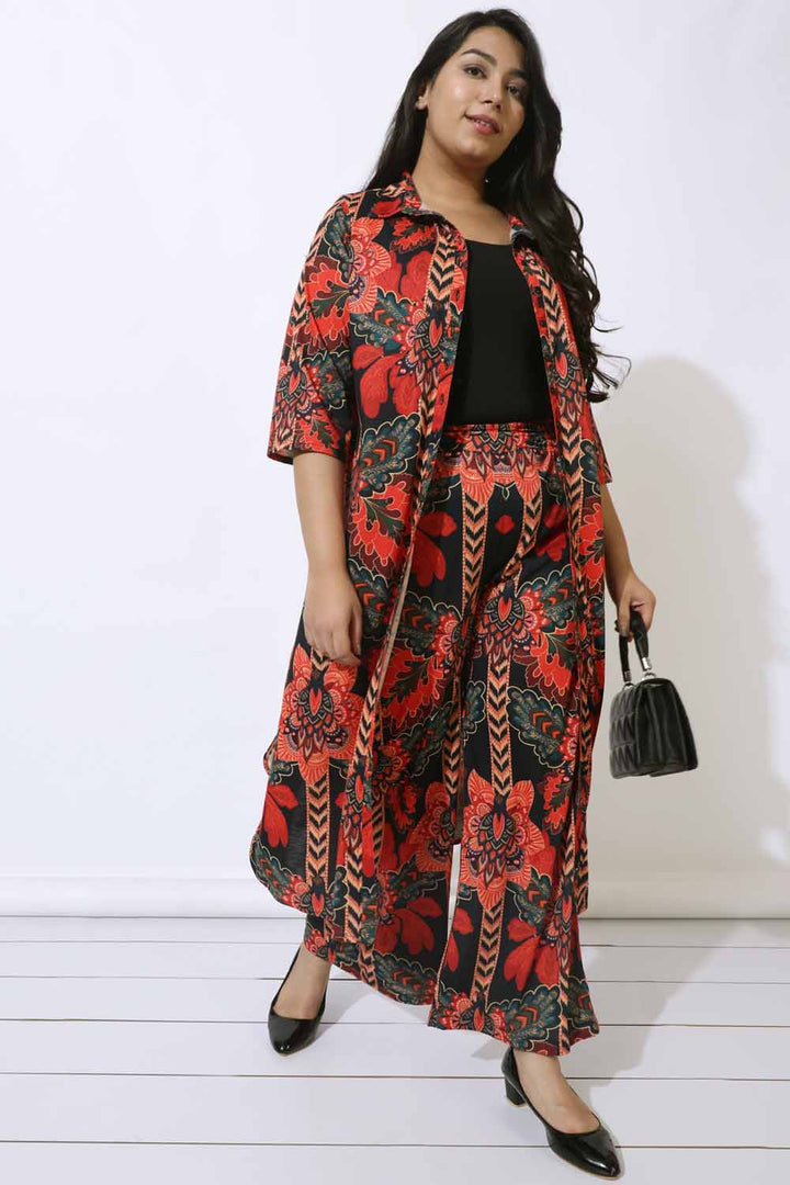 Plus Size Black Tropical Print Kurta & Shrug Covertible  in Blended knit fabric | Made to Order