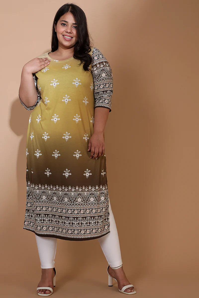 Yellow Ombre Ethnic Printed Kurta Tunic in Blended knit fabric for Women | Made to Order