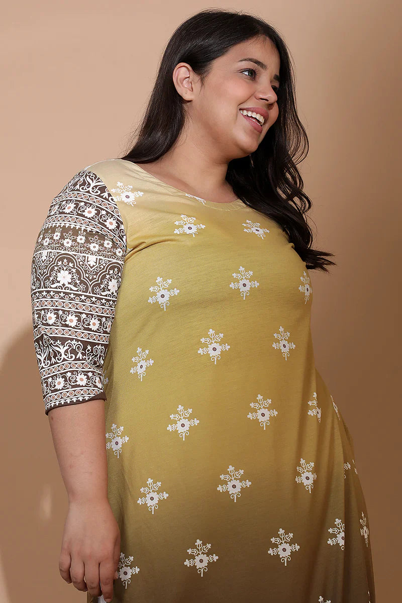 Yellow Ombre Ethnic Printed Kurta Tunic in Blended knit fabric for Women | Made to Order