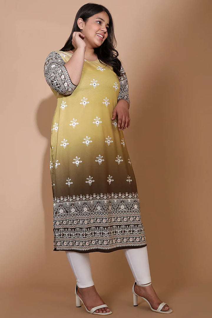 Yellow Ombre Ethnic Printed Kurta Tunic in Blended knit fabric for Women | Made to Order