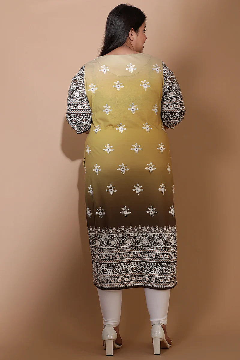 Yellow Ombre Ethnic Printed Kurta Tunic in Blended knit fabric for Women | Made to Order