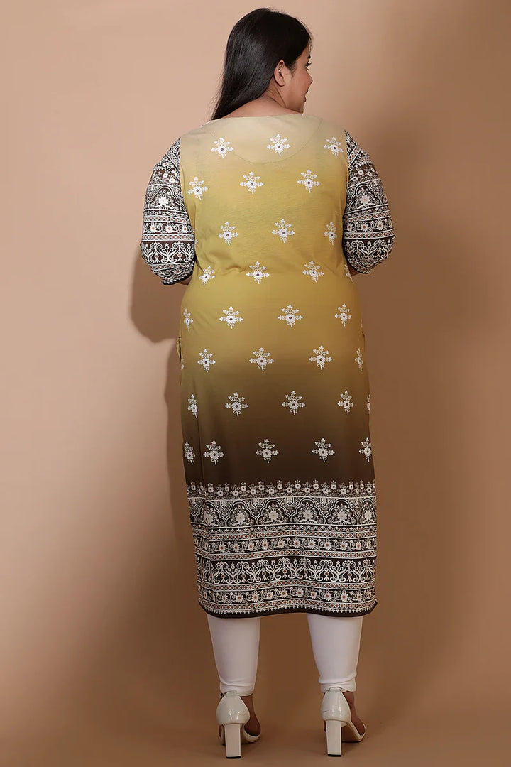 Yellow Ombre Ethnic Printed Kurta Tunic in Blended knit fabric for Women | Made to Order