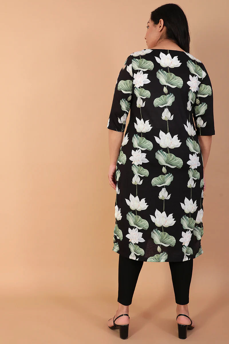 White Lotus Black Printed Kurta Tunic in Blended knit fabric for Women | Made to Order