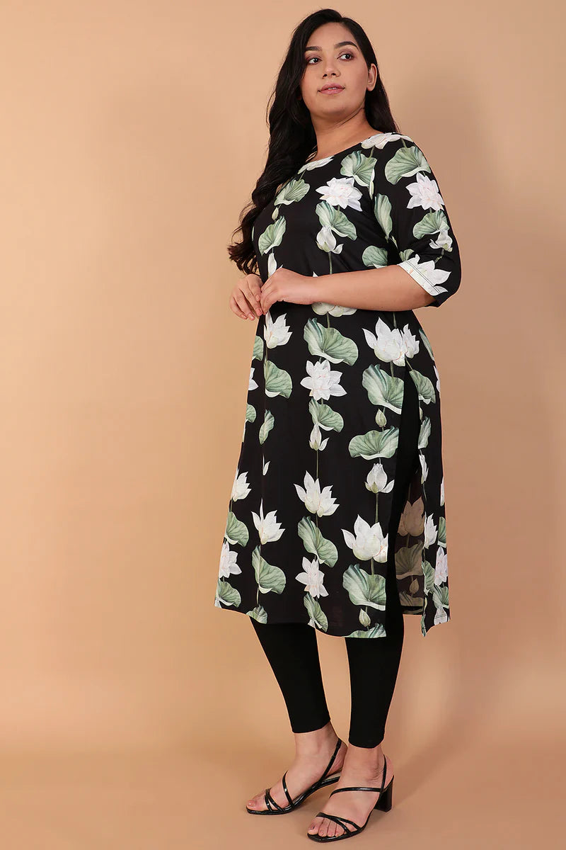White Lotus Black Printed Kurta Tunic in Blended knit fabric for Women | Made to Order