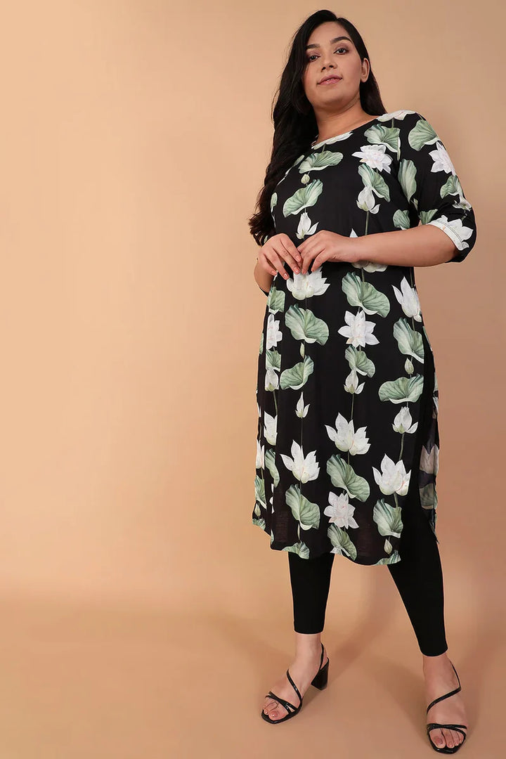 White Lotus Black Printed Kurta Tunic in Blended knit fabric for Women | Made to Order