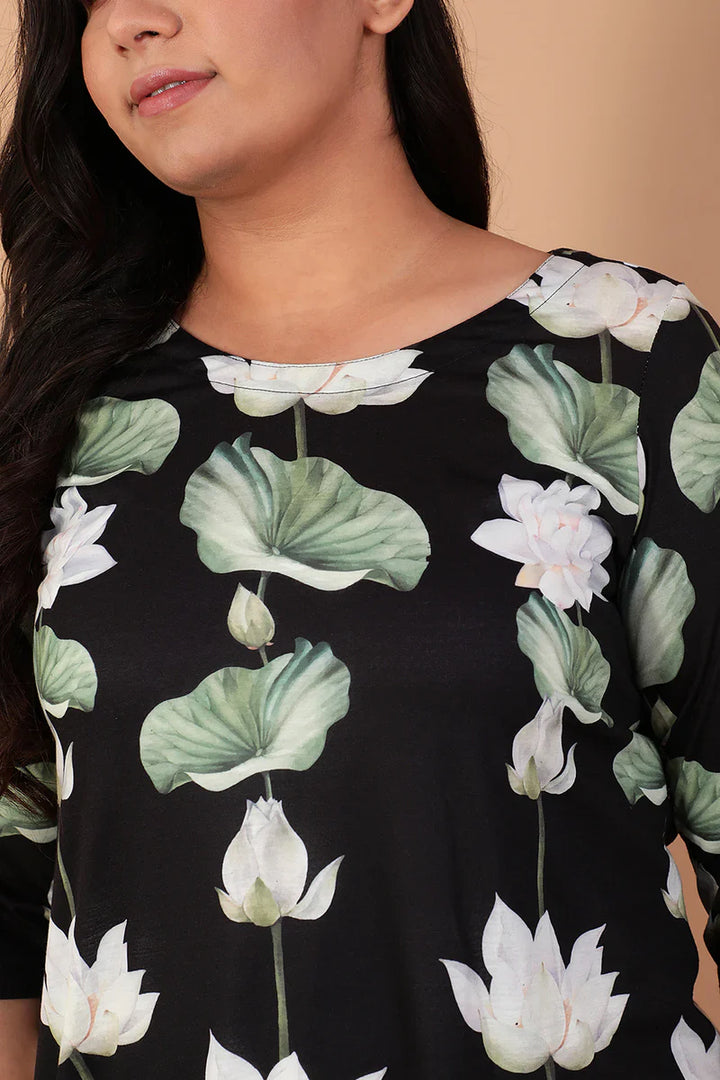 White Lotus Black Printed Kurta Tunic in Blended knit fabric for Women | Made to Order