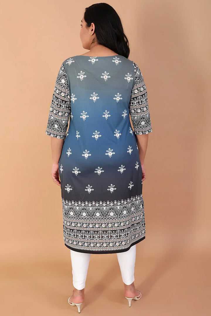 Blue Ombre Ethnic Print Kurta Tunic in Blended knit fabric for Women | Made to Order