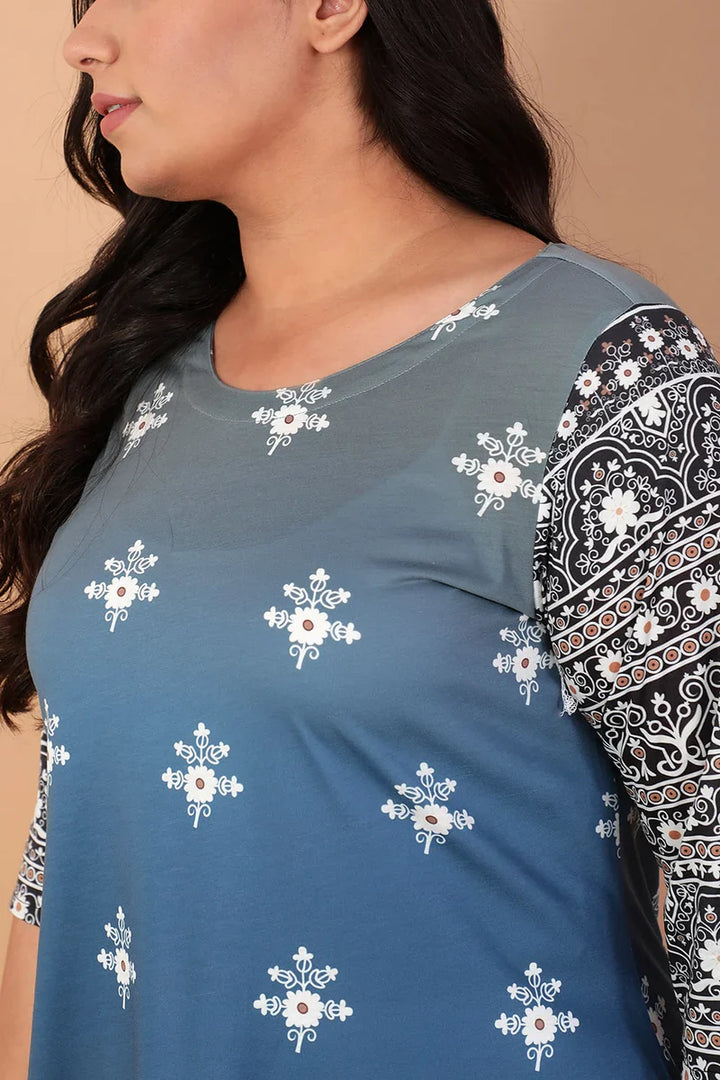 Blue Ombre Ethnic Print Kurta Tunic in Blended knit fabric for Women | Made to Order