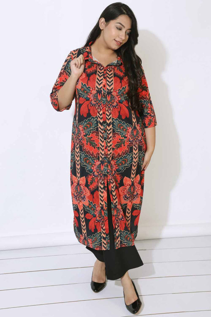 Plus Size Black Tropical Print Kurta & Shrug Covertible  in Blended knit fabric | Made to Order