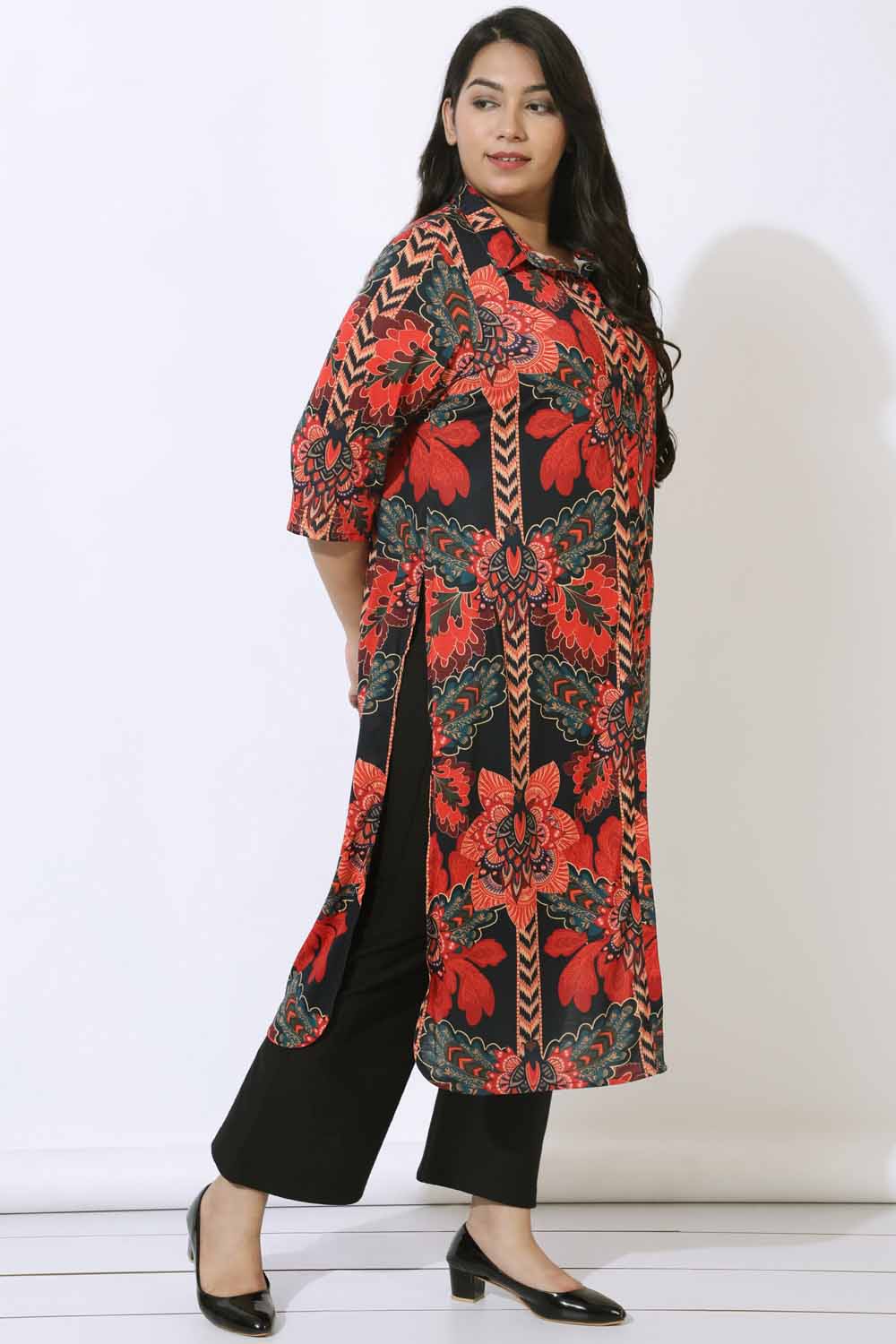 Plus Size Black Tropical Print Kurta & Shrug Covertible  in Blended knit fabric | Made to Order