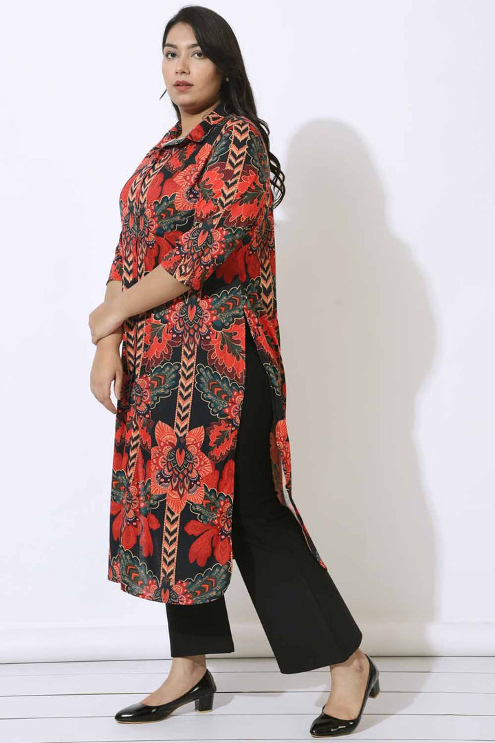 Plus Size Black Tropical Print Kurta & Shrug Covertible  in Blended knit fabric | Made to Order