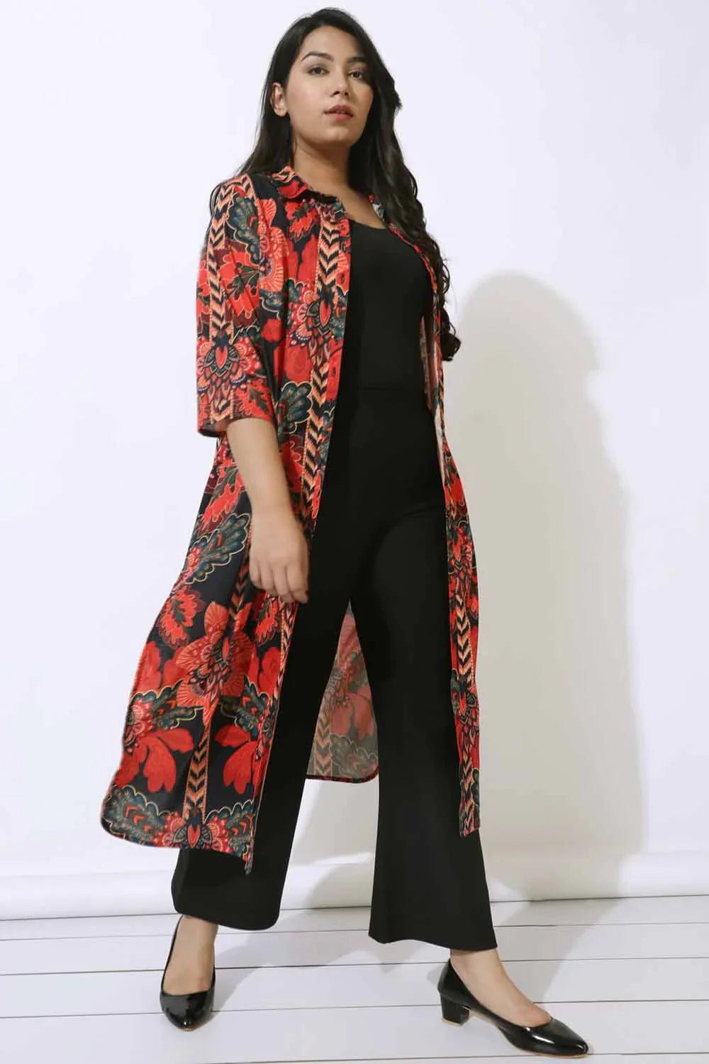 Plus Size Black Tropical Print Kurta & Shrug Covertible  in Blended knit fabric | Made to Order