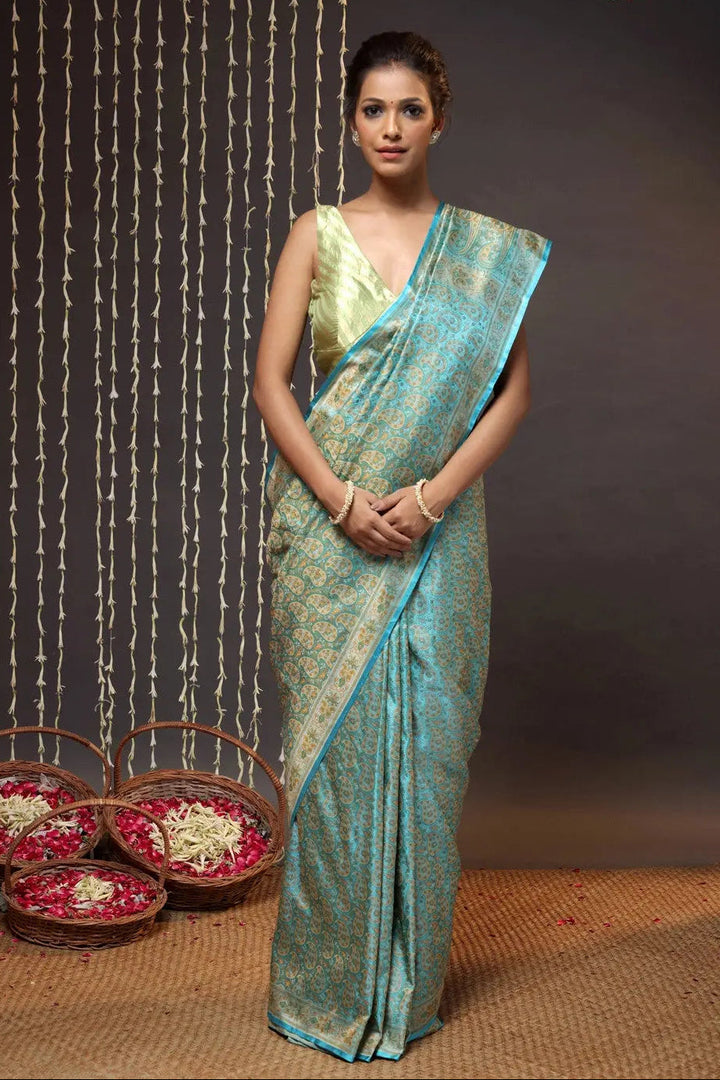 Electric Blue Handloom Pure Silk Tanchoi Banarasi Saree | SILK MARK CERTIFIED | SHOBITAM