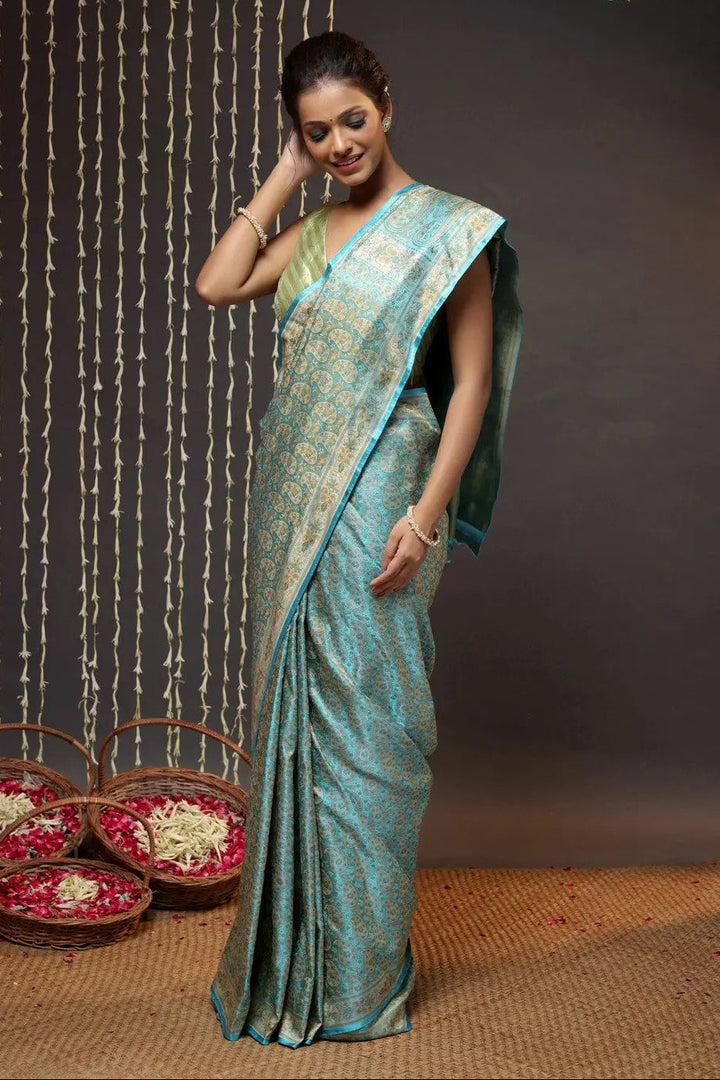 Electric Blue Handloom Pure Silk Tanchoi Banarasi Saree | SILK MARK CERTIFIED | SHOBITAM
