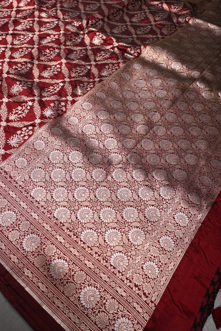Maroon Banarasi Katan Silk Saree with Gold-Silver Floral Jaal and Zari Birder | SILK MARK CERTIFIED | SHOBITAM