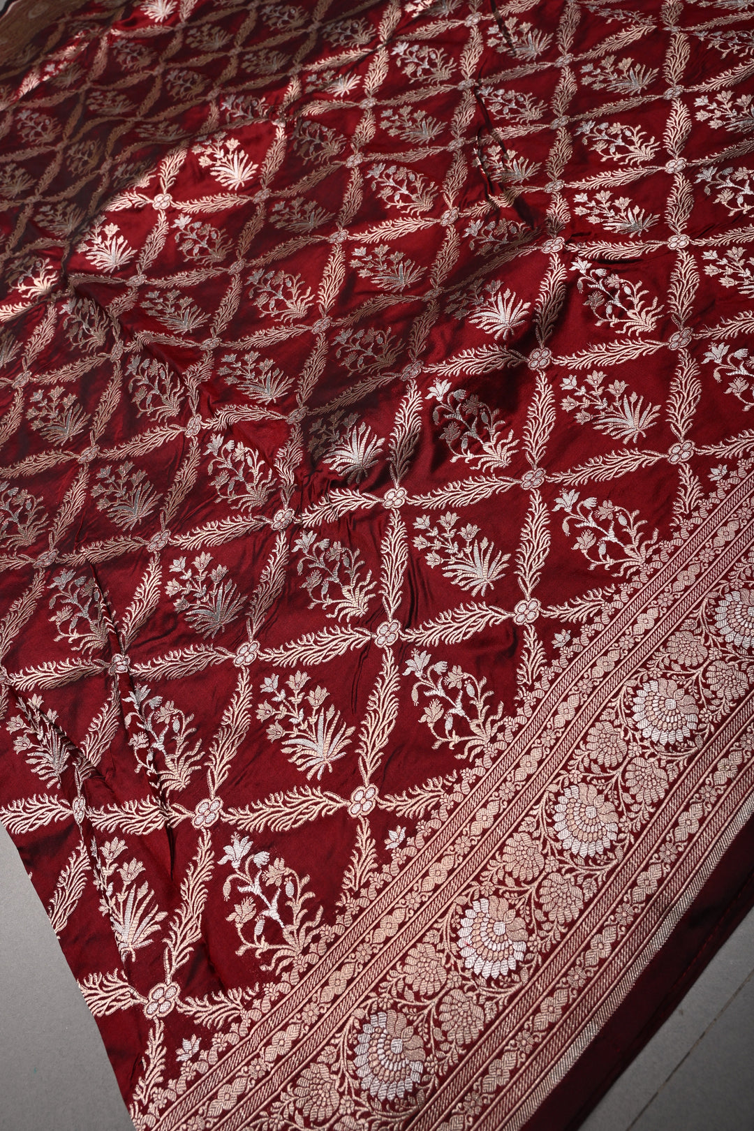 Maroon Banarasi Katan Silk Saree with Gold-Silver Floral Jaal and Zari Birder | SILK MARK CERTIFIED | SHOBITAM