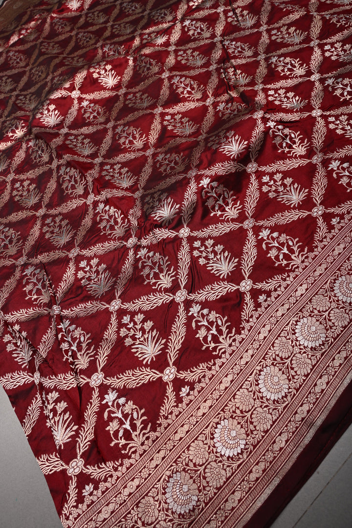 Maroon Banarasi Katan Silk Saree with Gold-Silver Floral Jaal and Zari Birder | SILK MARK CERTIFIED | SHOBITAM