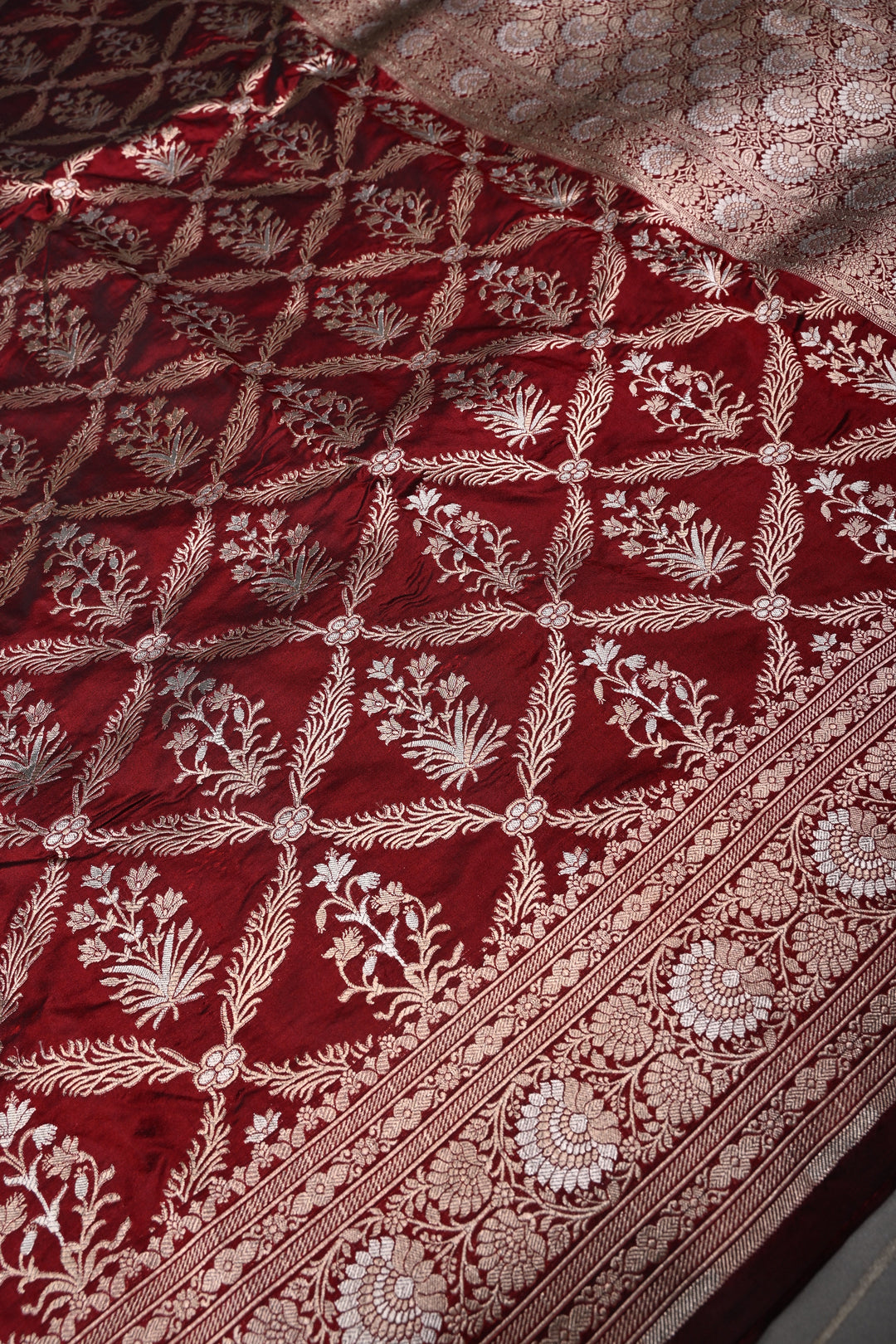Maroon Banarasi Katan Silk Saree with Gold-Silver Floral Jaal and Zari Birder | SILK MARK CERTIFIED | SHOBITAM
