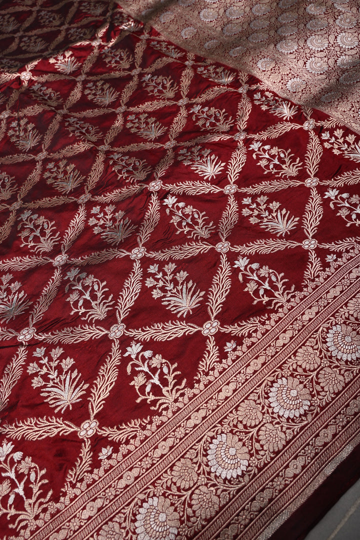 Maroon Banarasi Katan Silk Saree with Gold-Silver Floral Jaal and Zari Birder | SILK MARK CERTIFIED | SHOBITAM