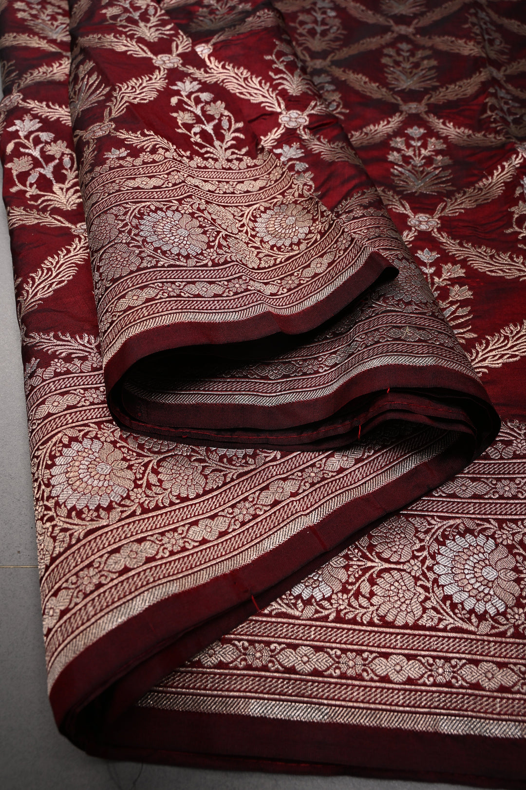 Maroon Banarasi Katan Silk Saree with Gold-Silver Floral Jaal and Zari Birder | SILK MARK CERTIFIED | SHOBITAM