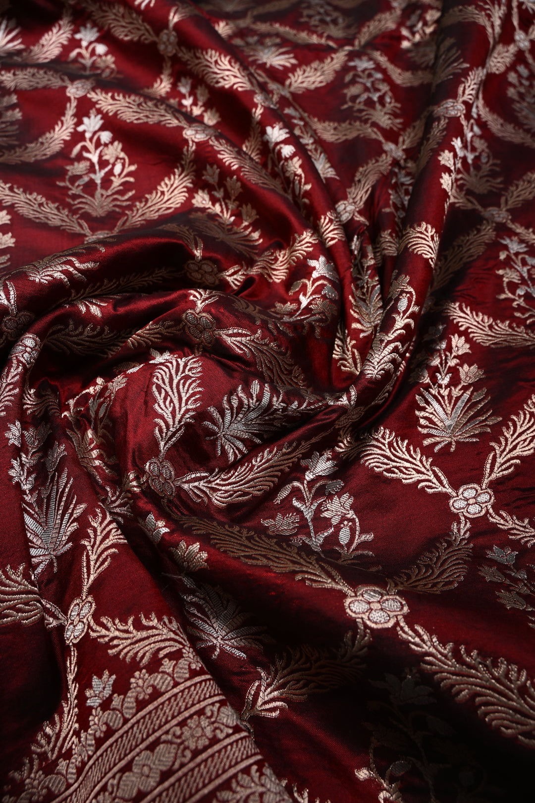 Maroon Banarasi Katan Silk Saree with Gold-Silver Floral Jaal and Zari Birder | SILK MARK CERTIFIED | SHOBITAM