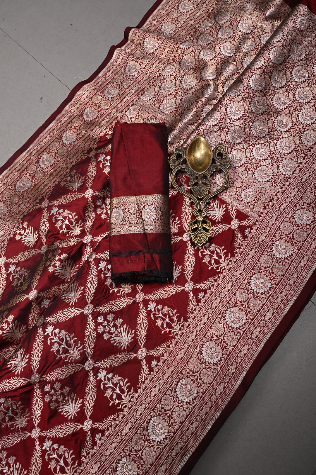 Maroon Banarasi Katan Silk Saree with Gold-Silver Floral Jaal and Zari Birder | SILK MARK CERTIFIED | SHOBITAM