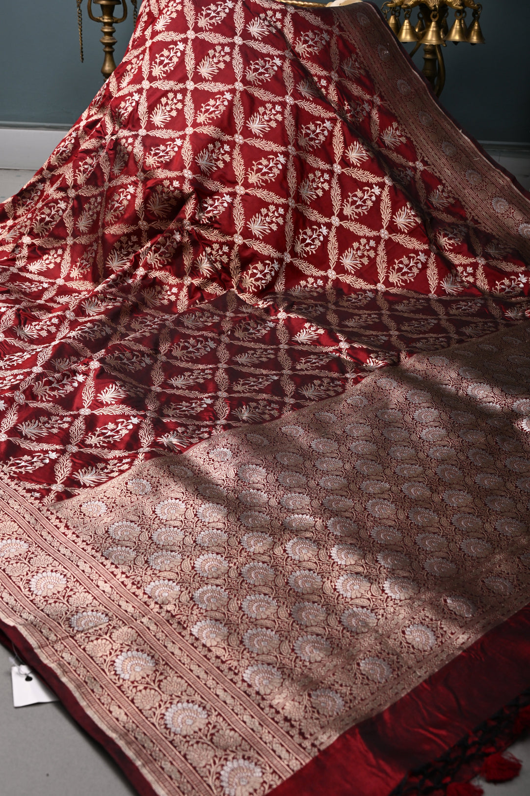 Maroon Banarasi Katan Silk Saree with Gold-Silver Floral Jaal and Zari Birder | SILK MARK CERTIFIED | SHOBITAM