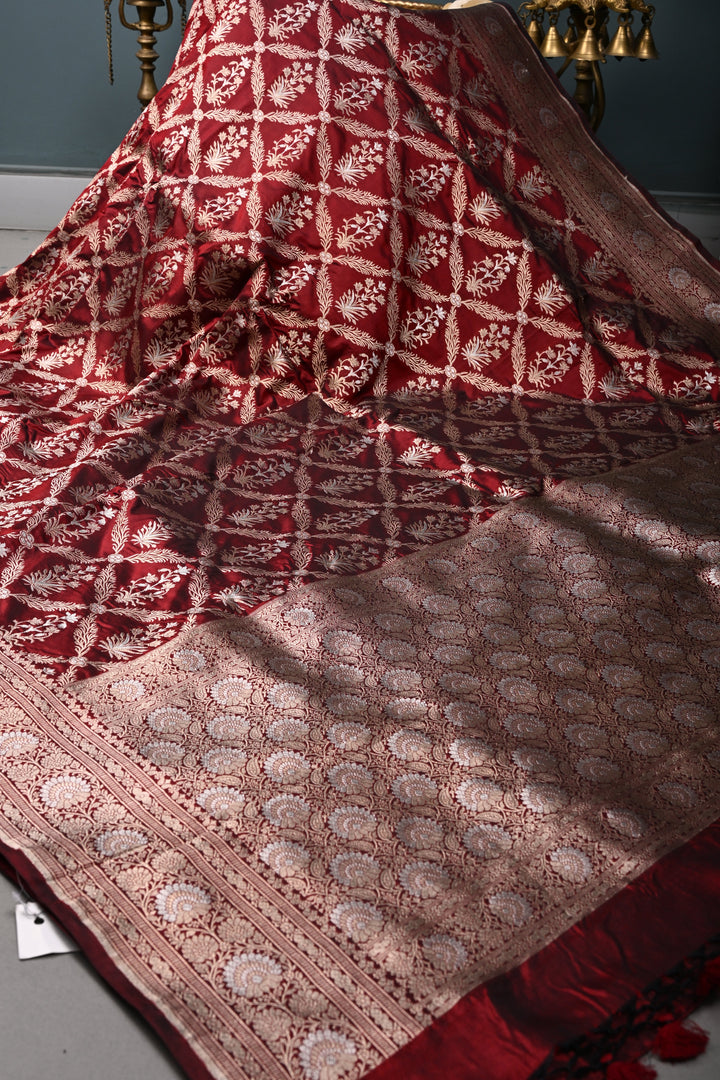 Maroon Banarasi Katan Silk Saree with Gold-Silver Floral Jaal and Zari Birder | SILK MARK CERTIFIED | SHOBITAM