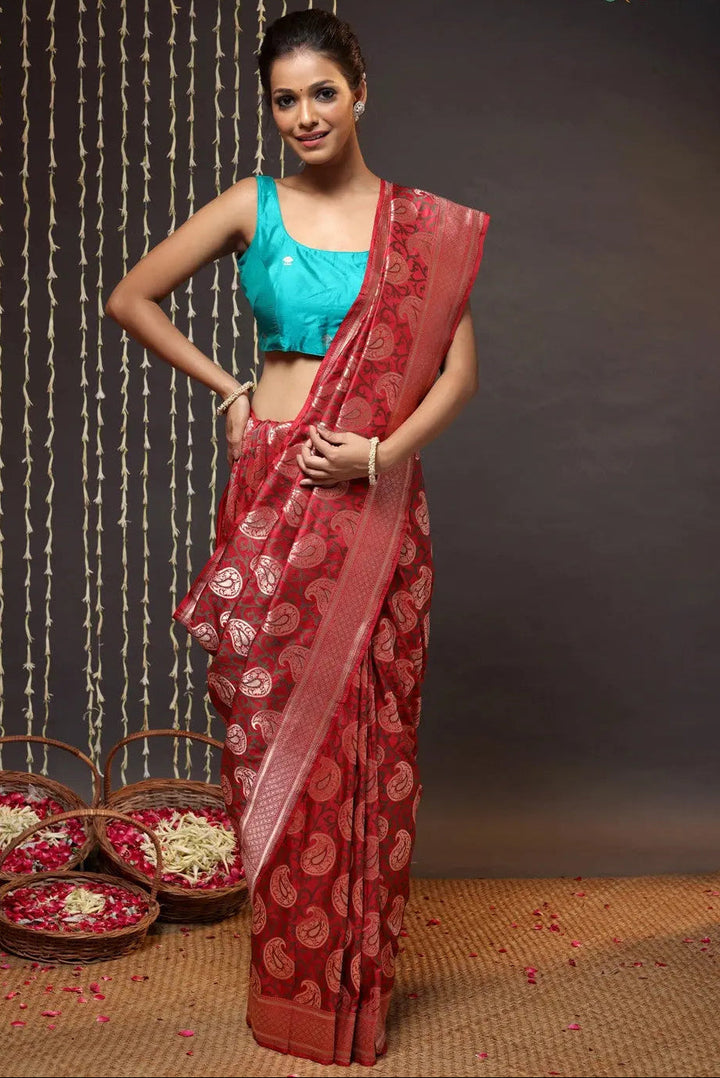 Elegant Cherry Red Silk Tanchoi Banarasi Saree | SILK MARK CERTIFIED |SHOBITAM