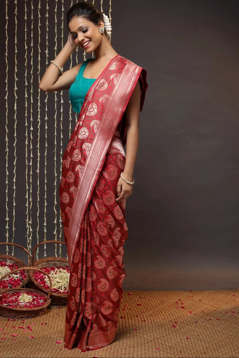 Elegant Cherry Red Silk Tanchoi Banarasi Saree | SILK MARK CERTIFIED |SHOBITAM