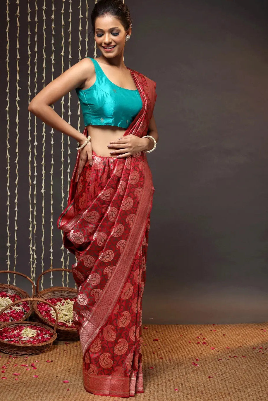 Elegant Cherry Red Silk Tanchoi Banarasi Saree | SILK MARK CERTIFIED |SHOBITAM