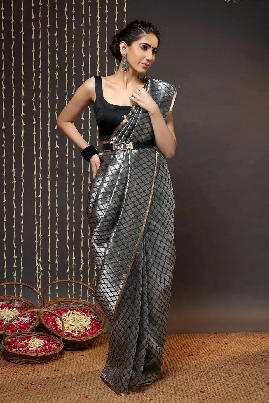 Handloom Silver & Black Chanderi Pure Silk Saree | SHOBITAM