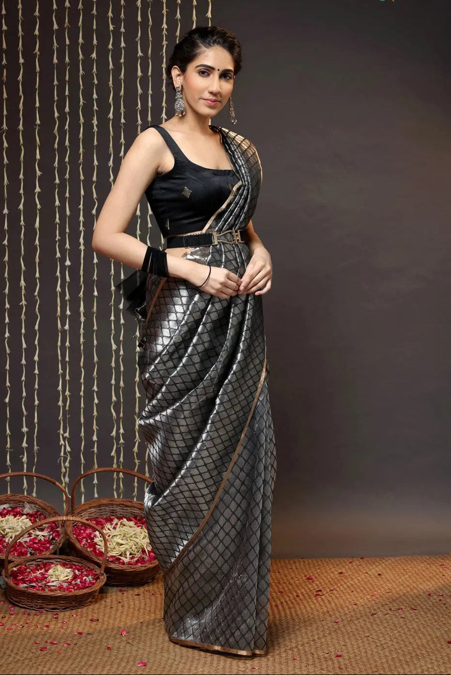 Handloom Silver & Black Chanderi Pure Silk Saree | SHOBITAM