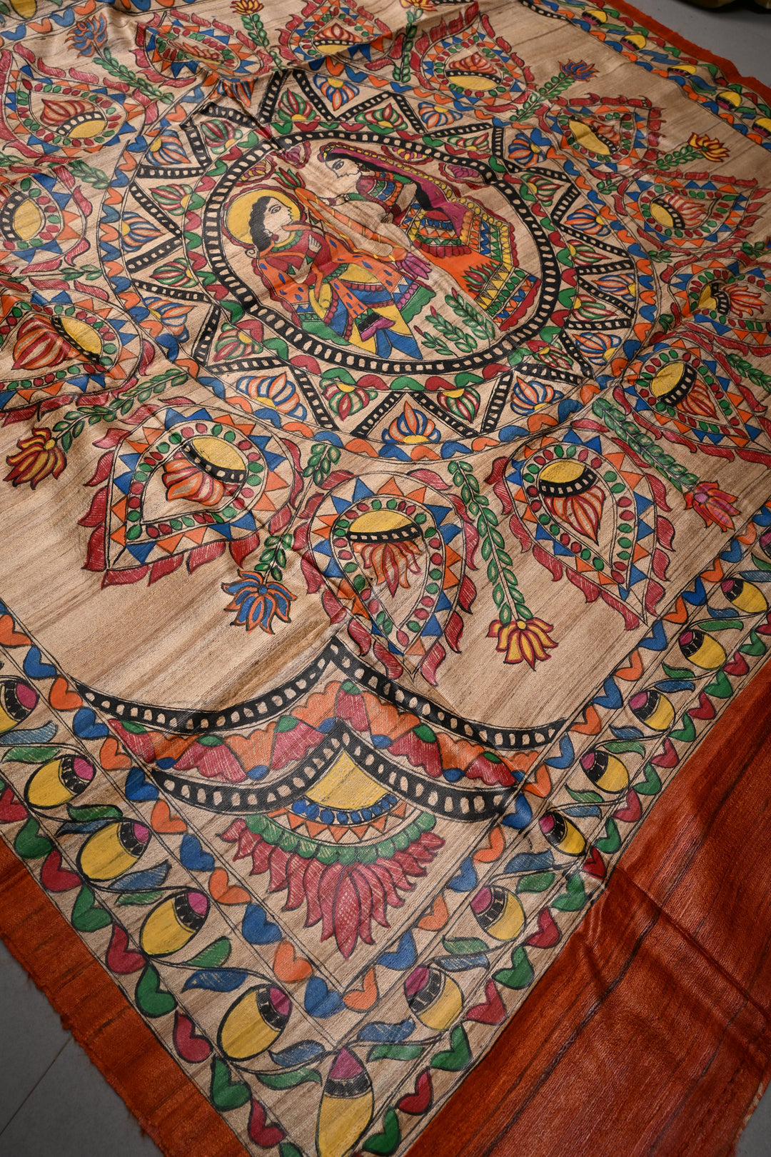 Orange Handloom Tussar Hand Painted Madhubani Silk Saree with Paisley Brocade and Border | SILK MARK CERTIFIED | SHOBITAM