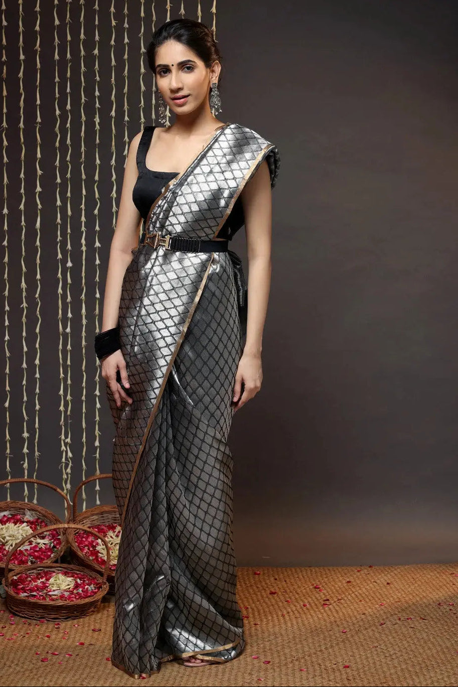 Handloom Silver & Black Chanderi Pure Silk Saree | SHOBITAM