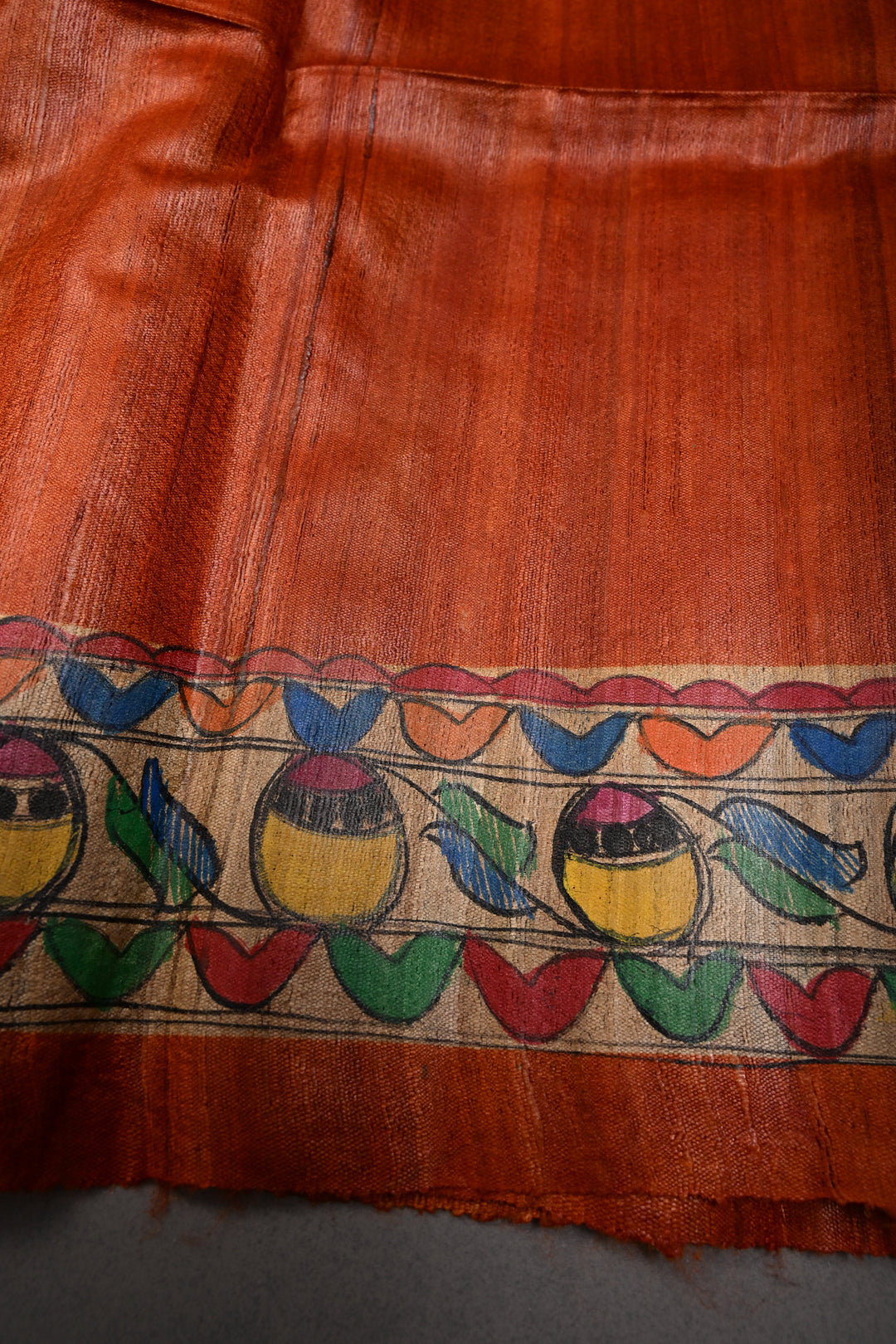 Orange Handloom Tussar Hand Painted Madhubani Silk Saree with Paisley Brocade and Border | SILK MARK CERTIFIED | SHOBITAM