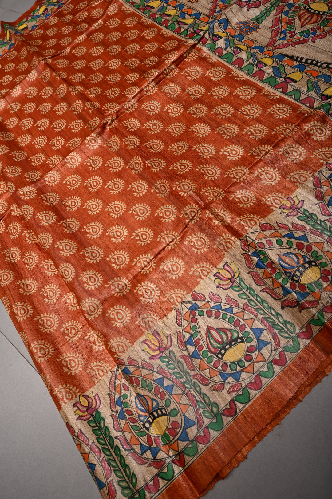 Orange Handloom Tussar Hand Painted Madhubani Silk Saree with Paisley Brocade and Border | SILK MARK CERTIFIED | SHOBITAM