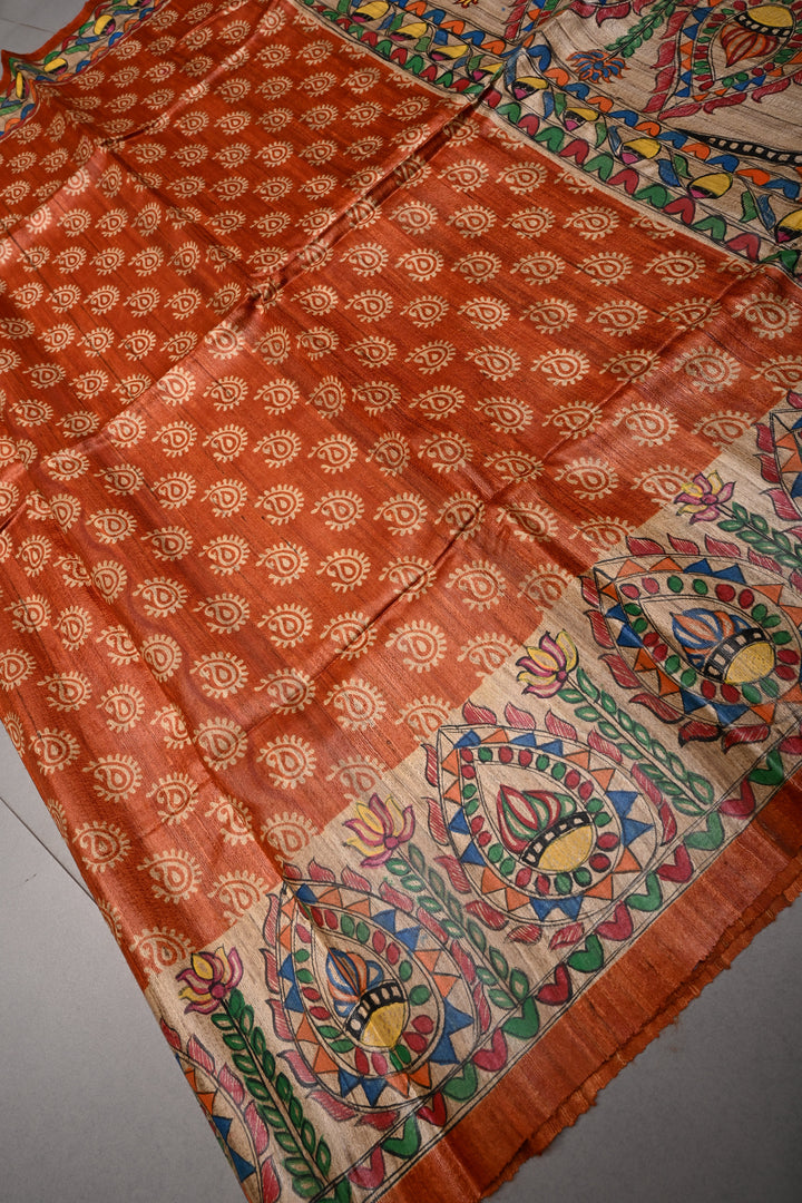 Orange Handloom Tussar Hand Painted Madhubani Silk Saree with Paisley Brocade and Border | SILK MARK CERTIFIED | SHOBITAM