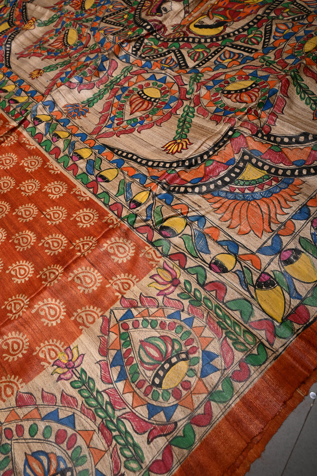 Orange Handloom Tussar Hand Painted Madhubani Silk Saree with Paisley Brocade and Border | SILK MARK CERTIFIED | SHOBITAM