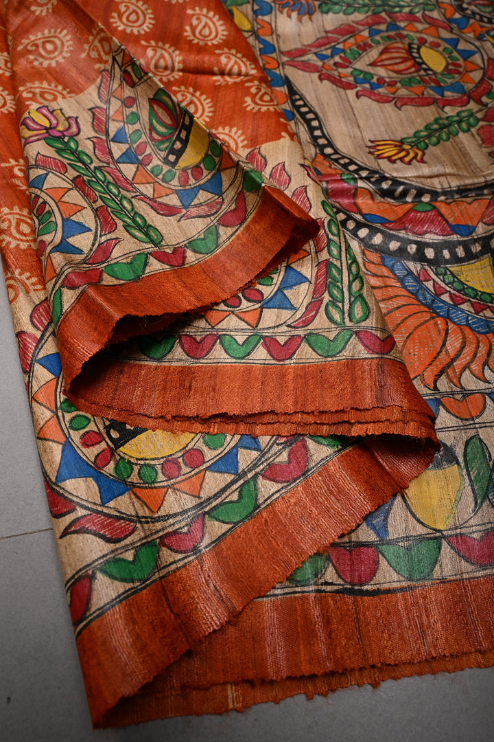 Orange Handloom Tussar Hand Painted Madhubani Silk Saree with Paisley Brocade and Border | SILK MARK CERTIFIED | SHOBITAM