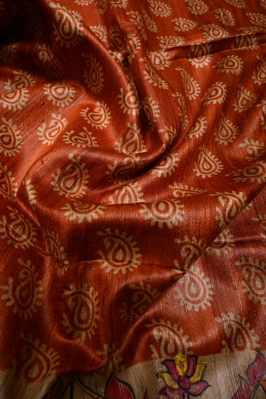 Orange Handloom Tussar Hand Painted Madhubani Silk Saree with Paisley Brocade and Border | SILK MARK CERTIFIED | SHOBITAM