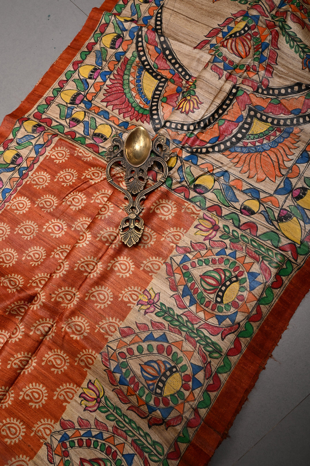Orange Handloom Tussar Hand Painted Madhubani Silk Saree with Paisley Brocade and Border | SILK MARK CERTIFIED | SHOBITAM