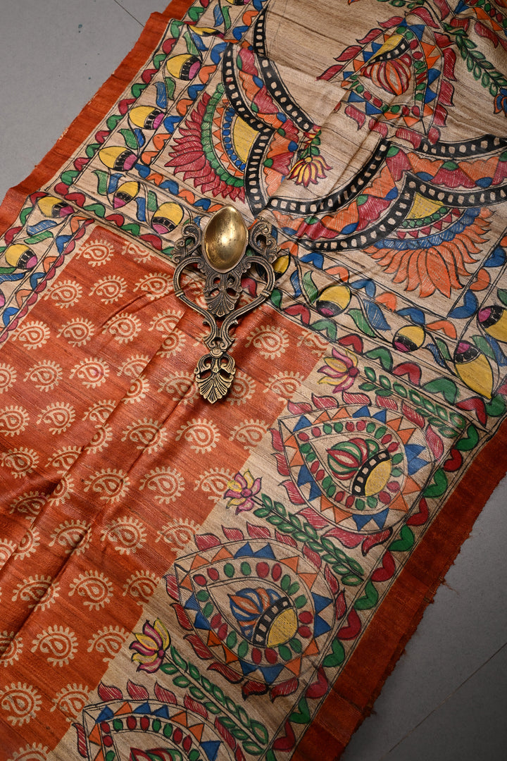 Orange Handloom Tussar Hand Painted Madhubani Silk Saree with Paisley Brocade and Border | SILK MARK CERTIFIED | SHOBITAM