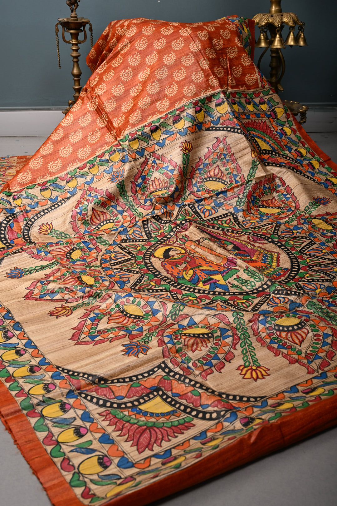 Orange Handloom Tussar Hand Painted Madhubani Silk Saree with Paisley Brocade and Border | SILK MARK CERTIFIED | SHOBITAM