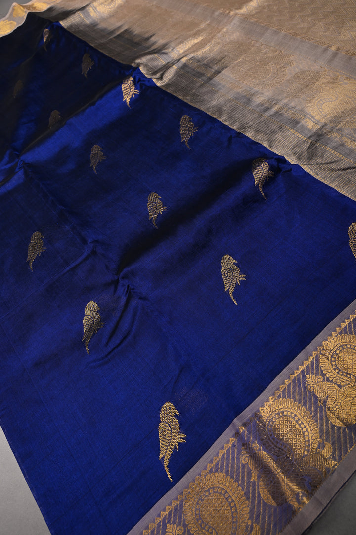 Ink Blue Kanchi Silk Cotton Handloom Saree with Birds Zari Buttas and Zari Border | SHOBITAM