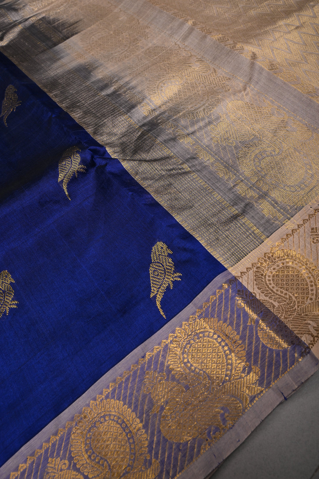 Ink Blue Kanchi Silk Cotton Handloom Saree with Birds Zari Buttas and Zari Border | SHOBITAM