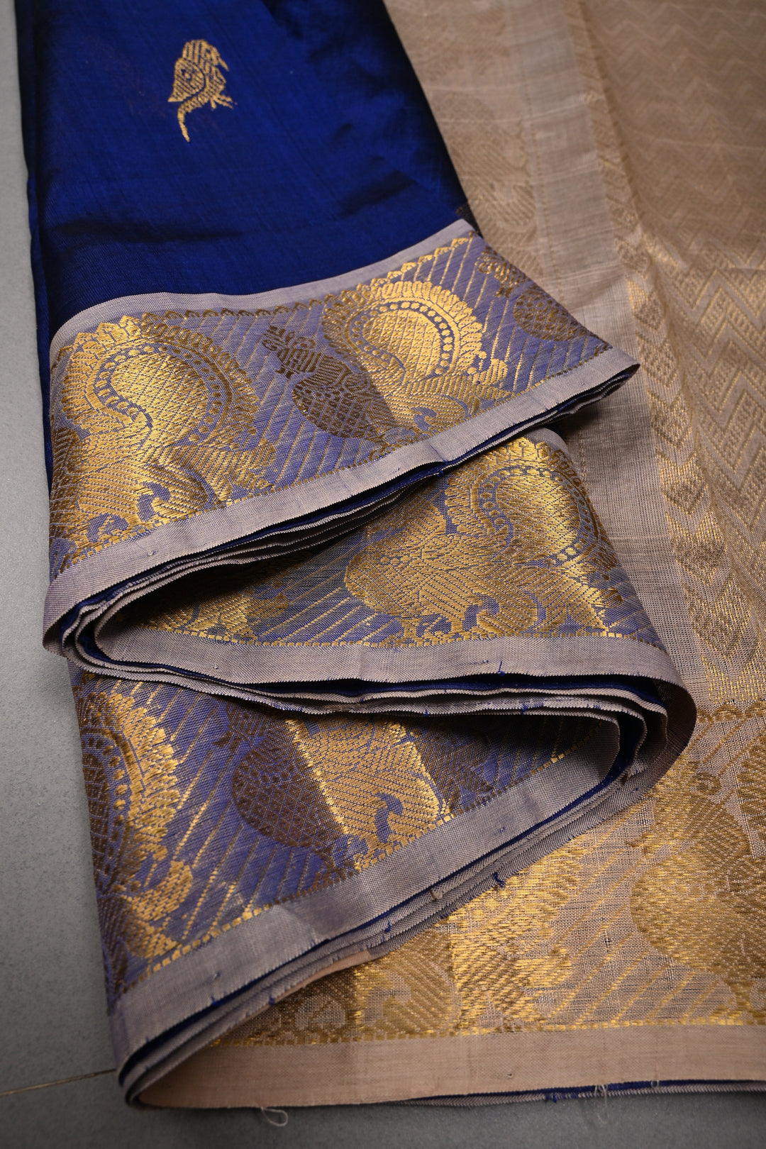 Ink Blue Kanchi Silk Cotton Handloom Saree with Birds Zari Buttas and Zari Border | SHOBITAM