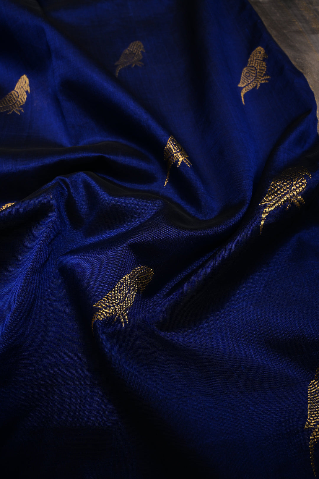 Ink Blue Kanchi Silk Cotton Handloom Saree with Birds Zari Buttas and Zari Border | SHOBITAM