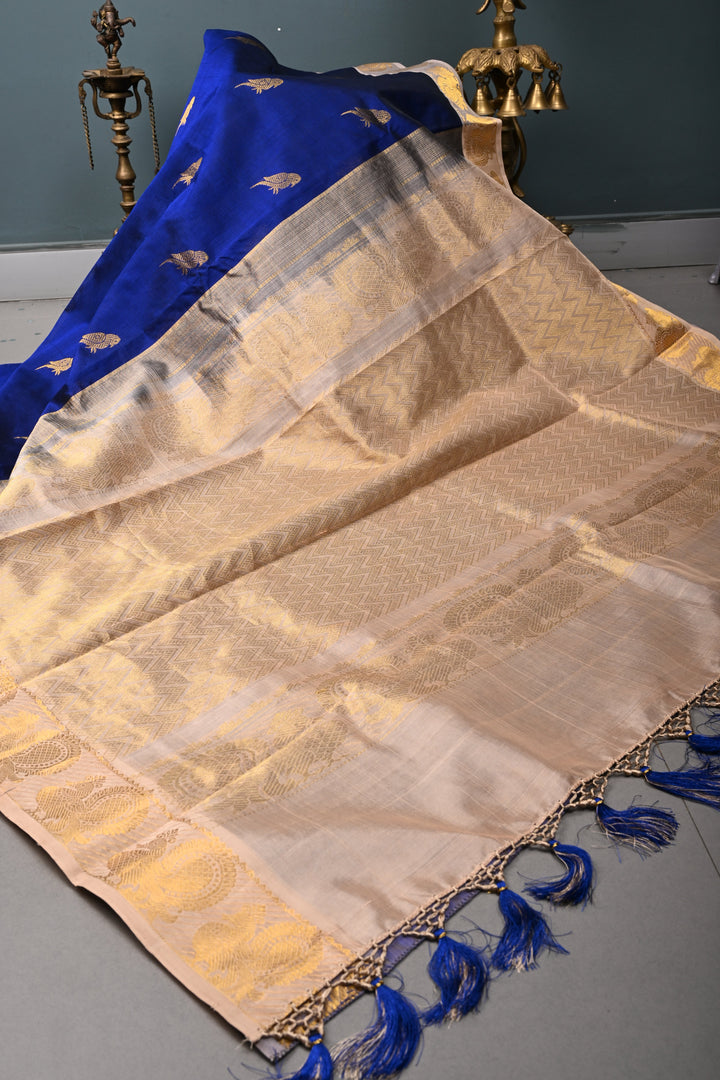 Ink Blue Kanchi Silk Cotton Handloom Saree with Birds Zari Buttas and Zari Border | SHOBITAM